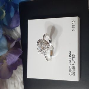 CHARTER CLUB Silver Plated Cubic Zirconia Crystal Heart Ring Size 10